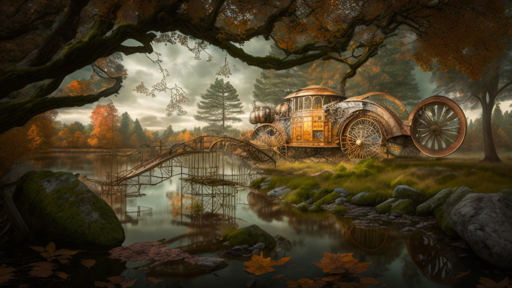 Steampunk vehicle with large wheels in autumnal forest by lake