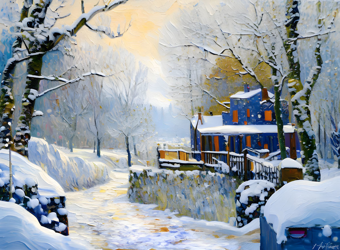 Snowy landscape painting with blue house, bare trees, white fence, and warm sky.