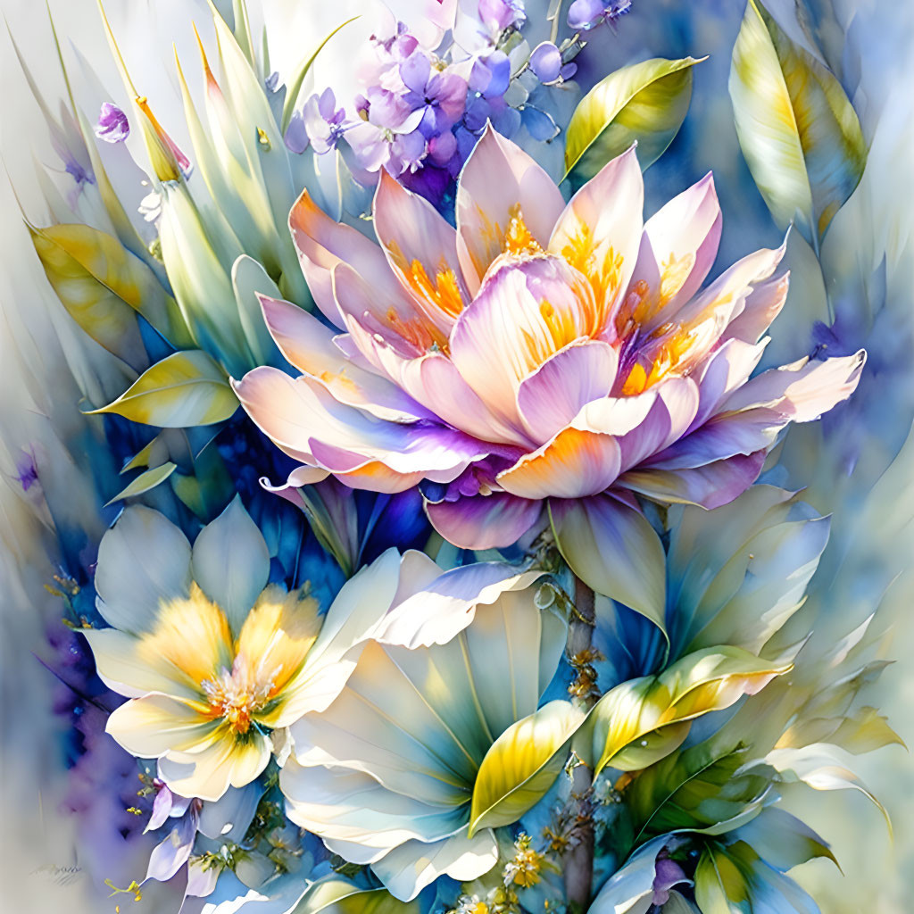 Vibrant digital painting of white and purple flowers in soft pastel hues