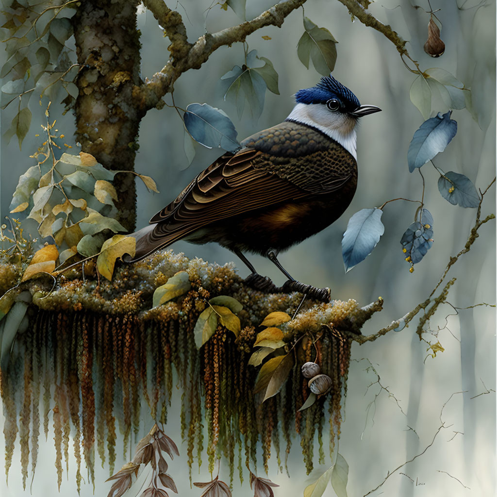 Realistic bird illustration with blue and brown plumage on mossy branch