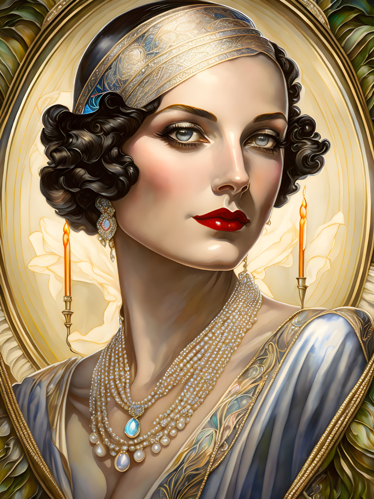 1920s style woman portrait with headband, pearls, earrings, candles, and lilies