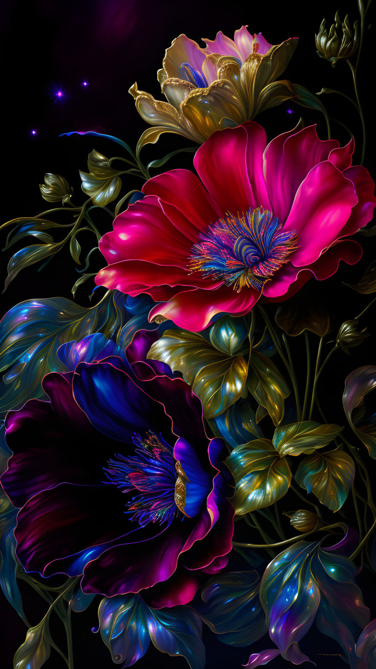 Colorful floral artwork with vibrant purples, pinks, and gold on a dark background