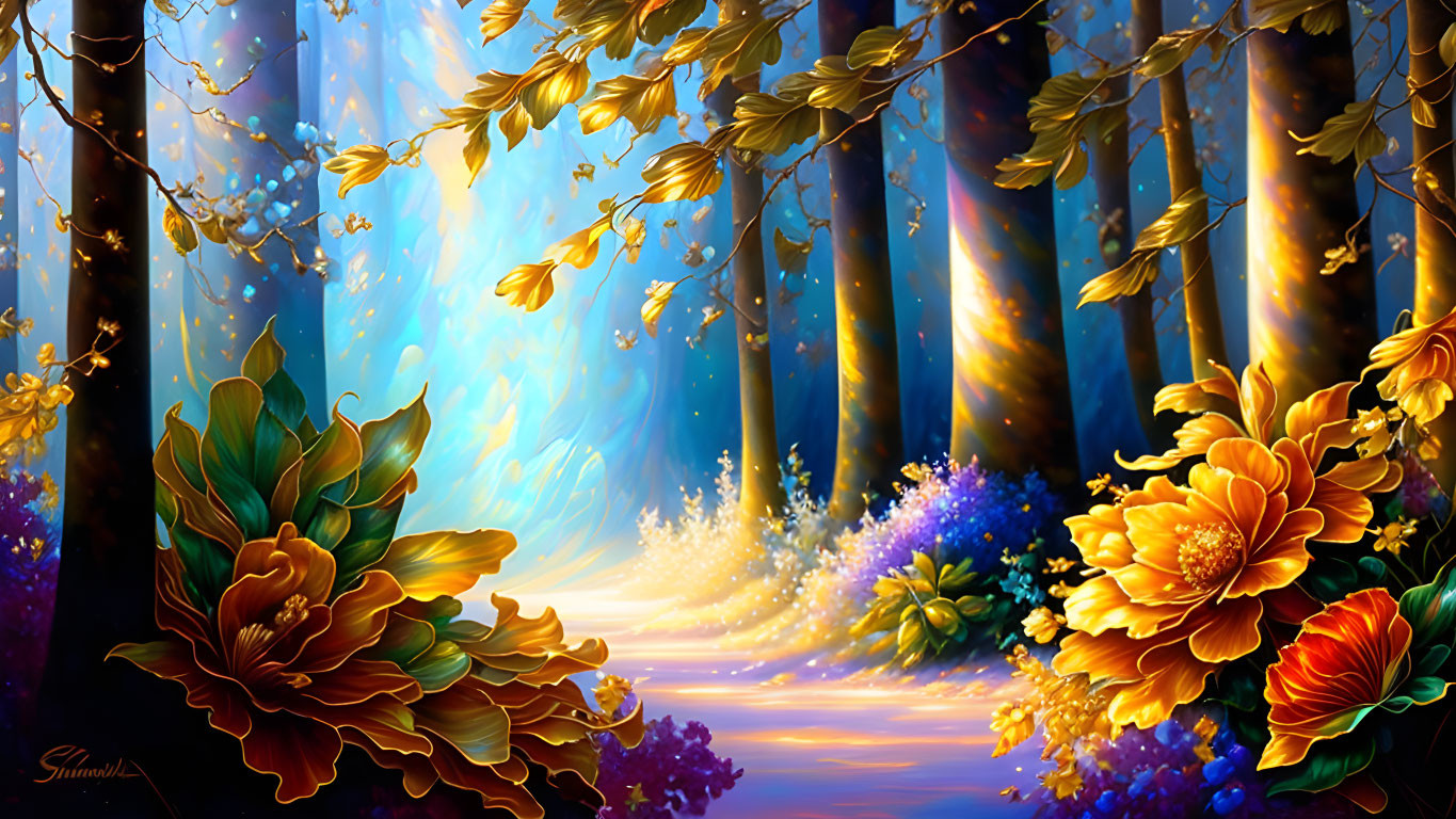 Vibrant digital artwork of magical forest with golden light and colorful flowers