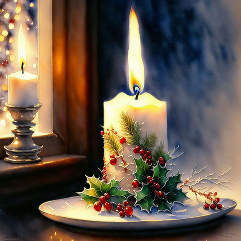 Festive candle with holly and snowy window view