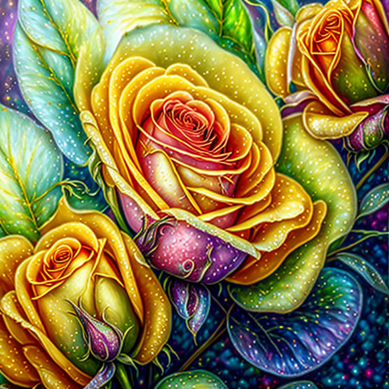 Colorful painting of yellow roses with dew drops on petals in a starry setting