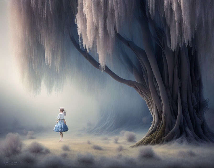 Young girl in blue dress by frost-covered tree in misty landscape