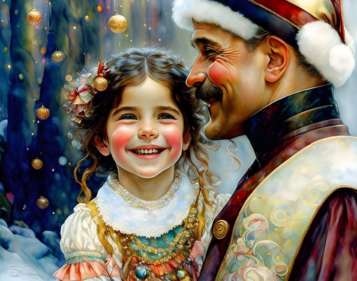 Joyful girl with rosy cheeks and man with white mustache in vintage winter scene