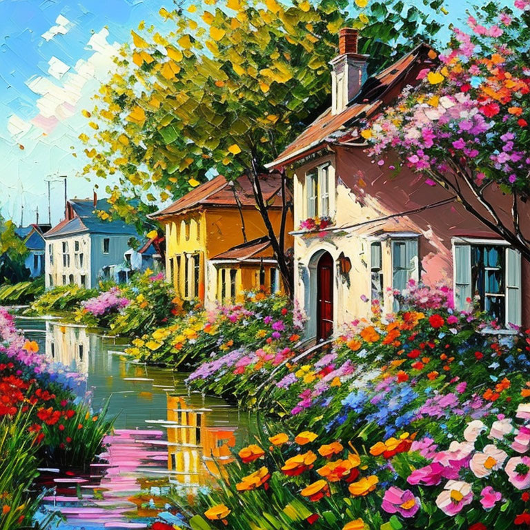 Impressionist-style painting: Quaint houses by calm canal, lush flora, blue sky