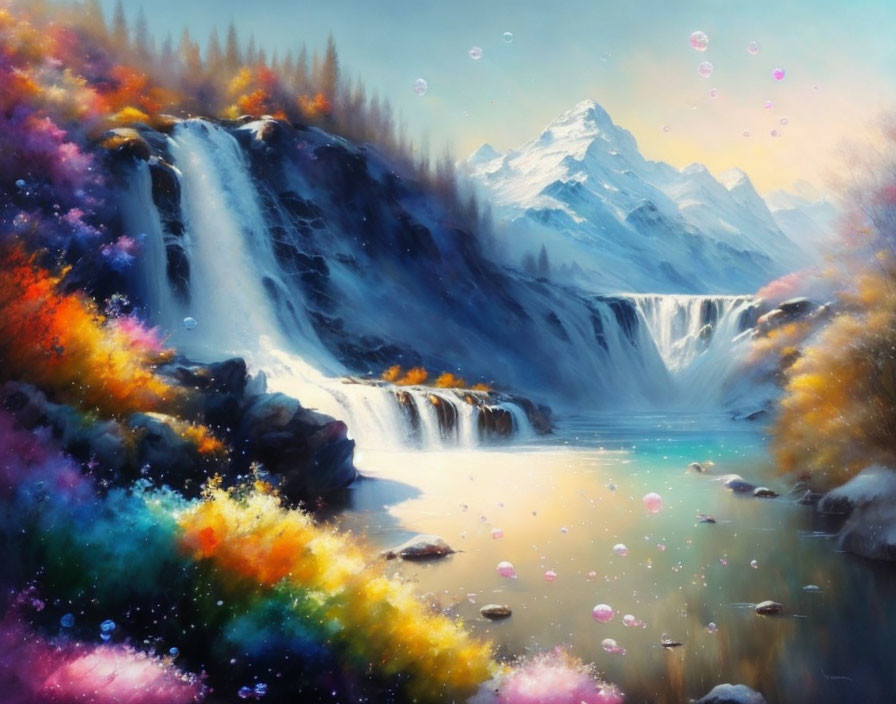 Majestic waterfall, colorful flora, serene lake: Vibrant landscape painting