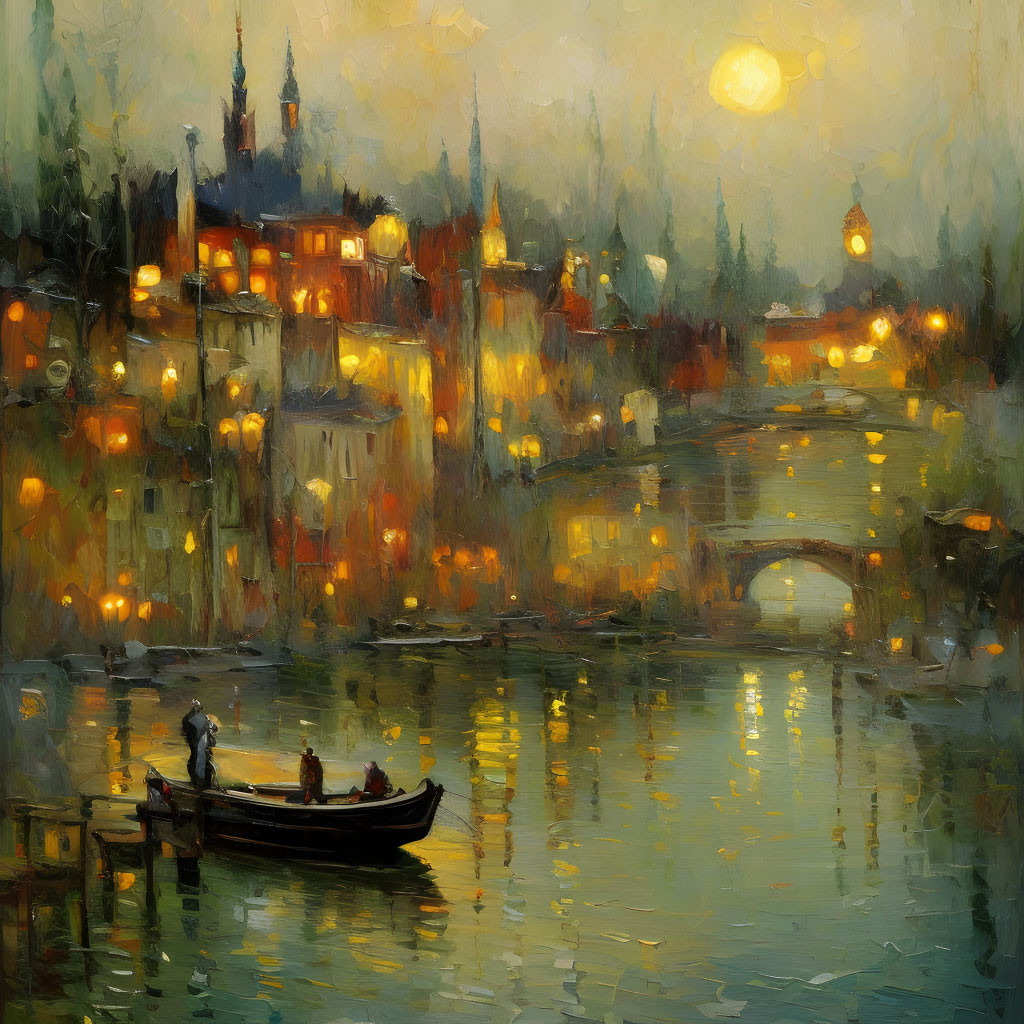 Serene river scene at dusk with boat and quaint town in Impressionist style