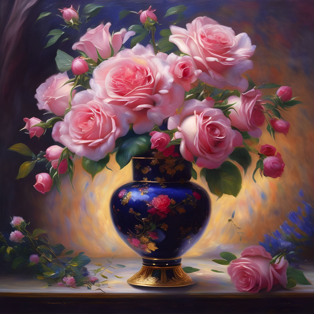 Pink roses in blue and gold vase with soft lighting.