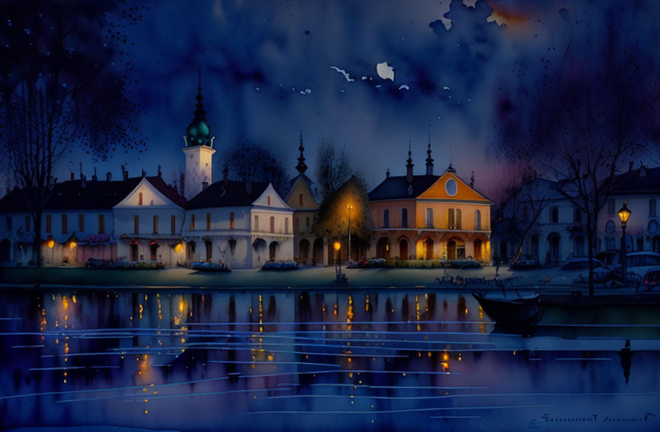 Historic buildings reflected in calm lake under starry sky.