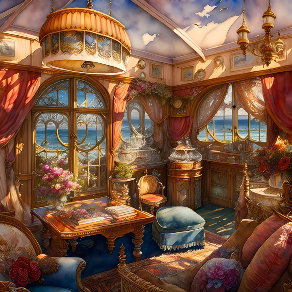 Vintage Room with Ocean View and Ornate Furniture