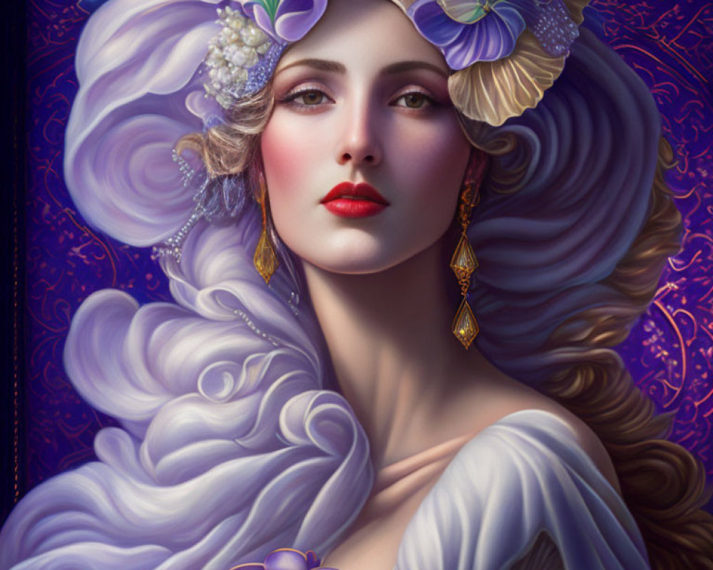 Voluminous white hair with purple flowers on woman in digital portrait