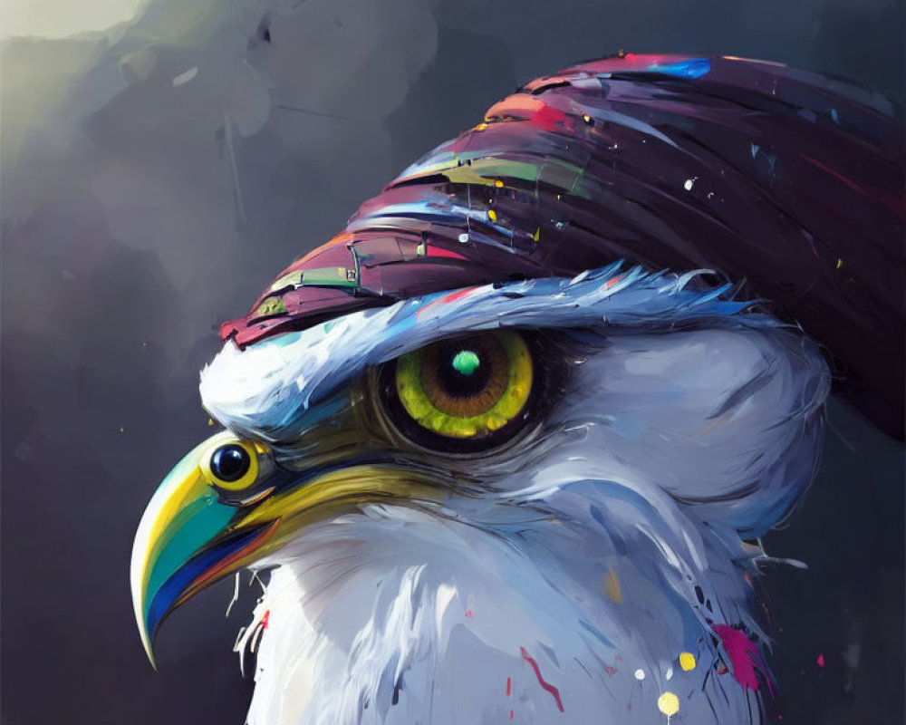 Vibrant digital illustration of eagle with stylish hat and textured feathers