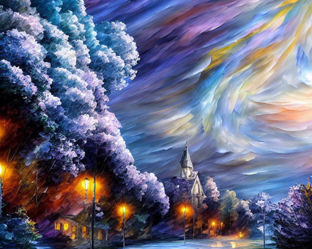 Colorful Nighttime Village Scene with Street Lamps, Church, and Dynamic Sky