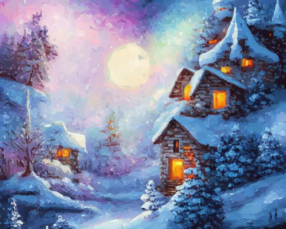 Snow-covered village with warmly-lit cottages under twilight sky