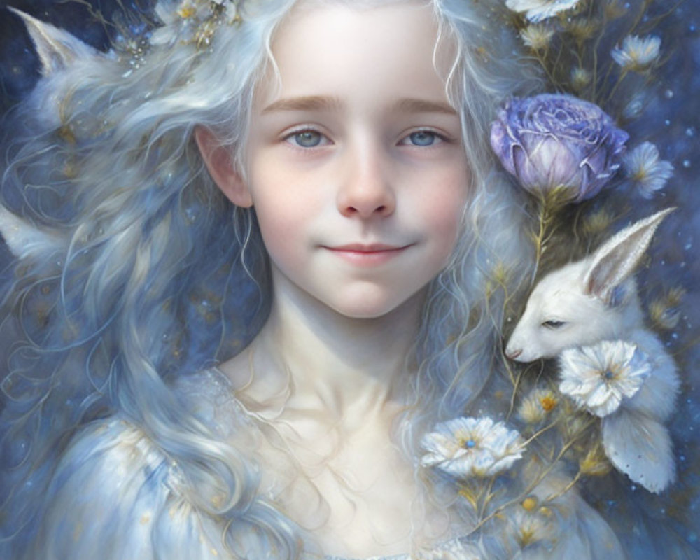 Portrait of young girl with silver hair, blue flowers, and white rabbit in serene setting