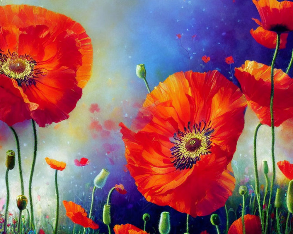 Bright red poppies and buds on blue background with dreamlike quality