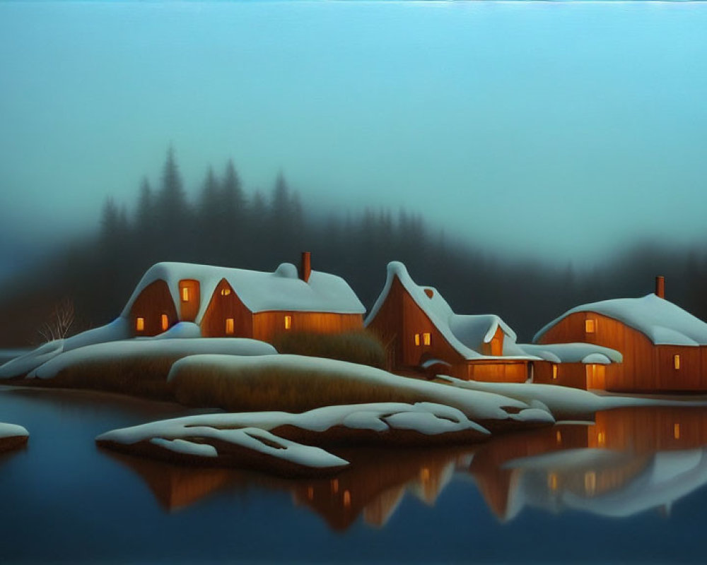 Snow-covered cabins by calm lake in misty winter scene