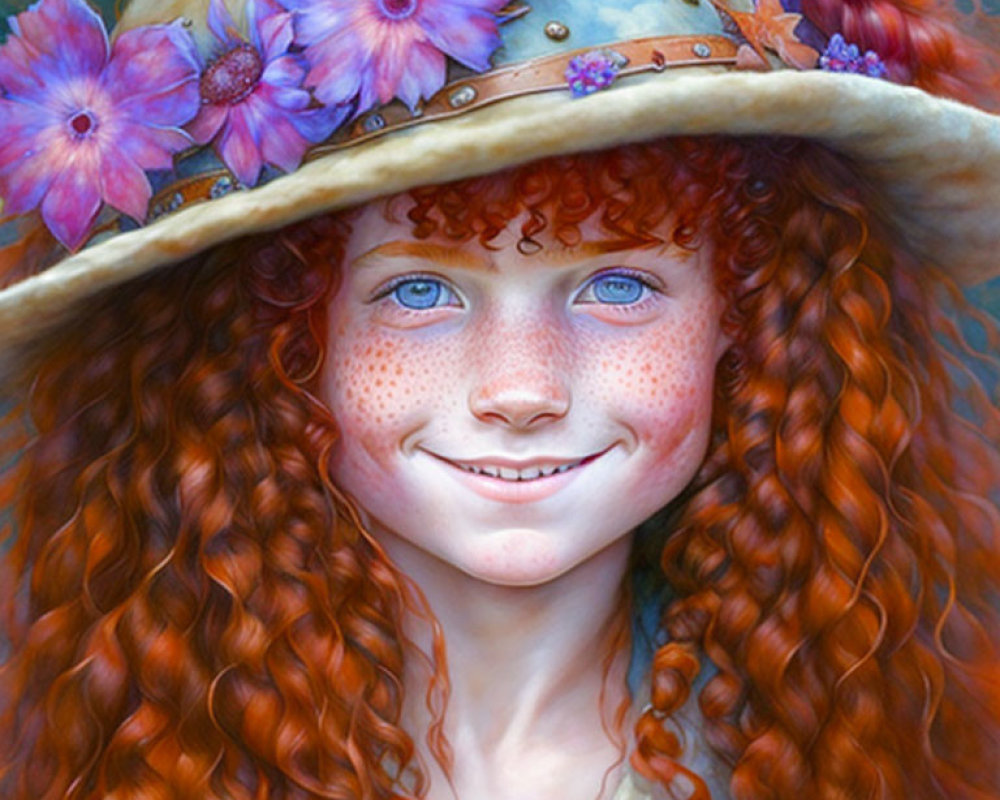 Smiling girl with curly red hair and freckles in purple flower hat