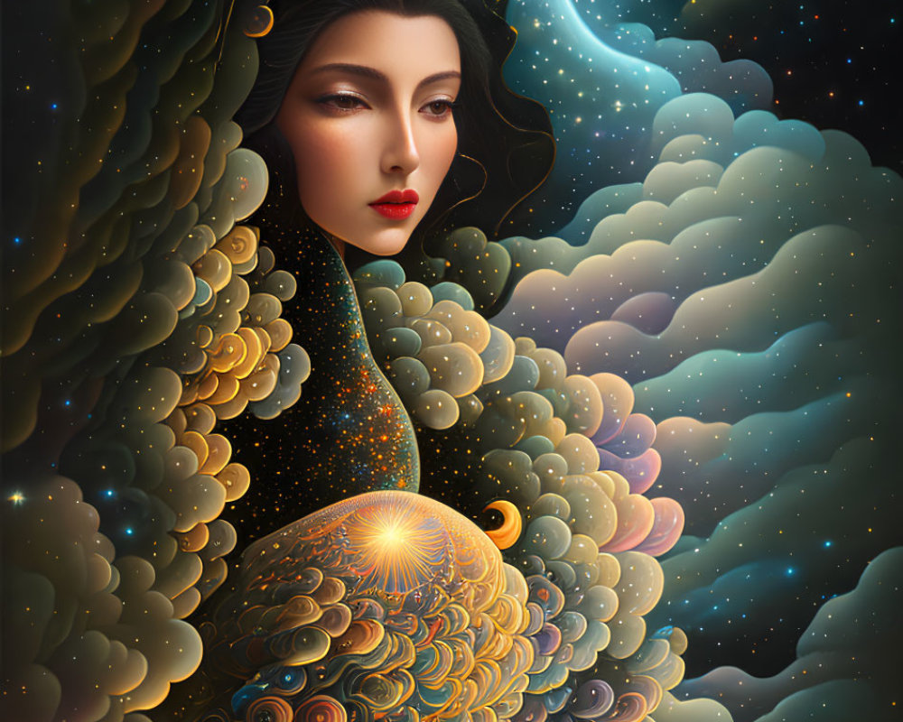 Surrealist portrait of woman with celestial elements and starry background