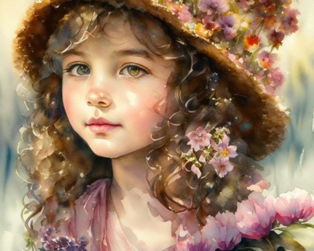 Young girl with curly hair in floral hat and pink top, dreamy expression