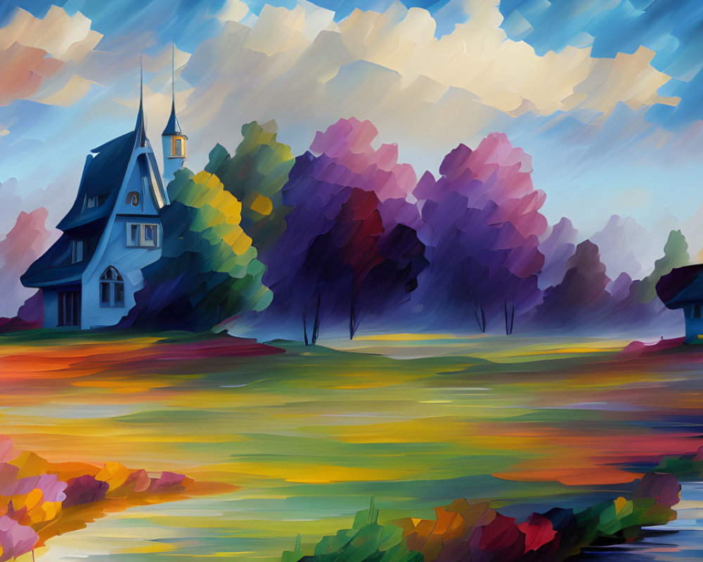 Colorful Impressionistic Landscape Painting with Autumn Trees and Whimsical Buildings