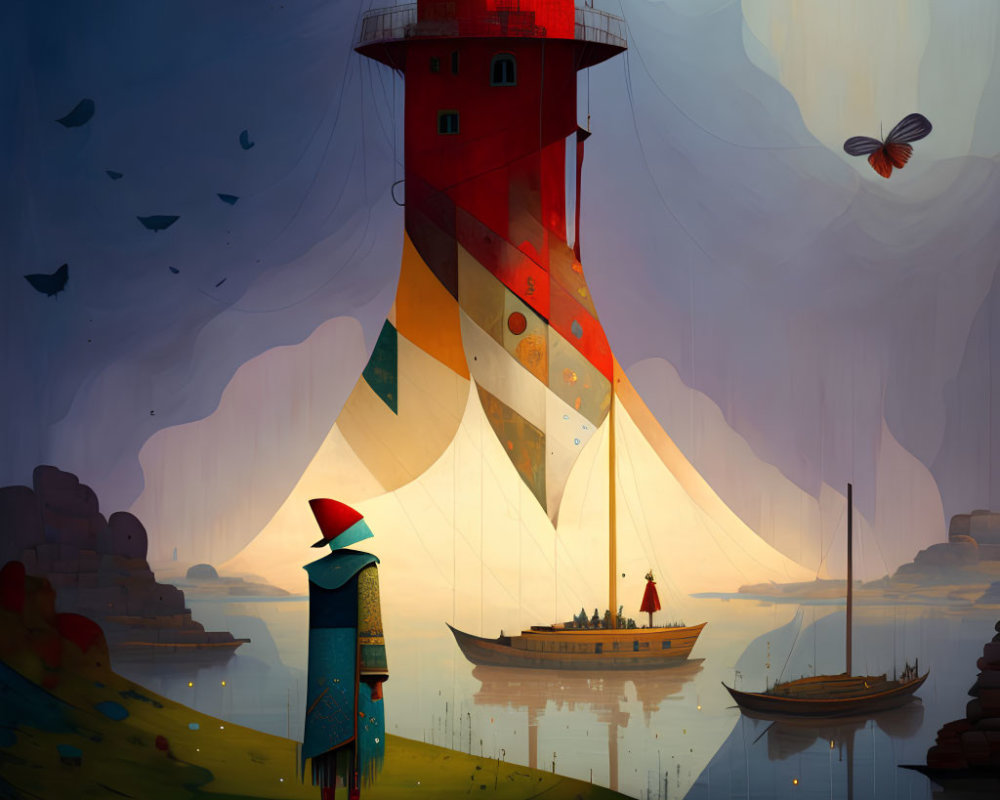 Colorful lighthouse illustration with caped figure and boats in serene dusk.