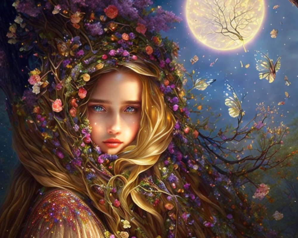 Woman with floral garland under full moon, surrounded by butterflies in mystical forest scene