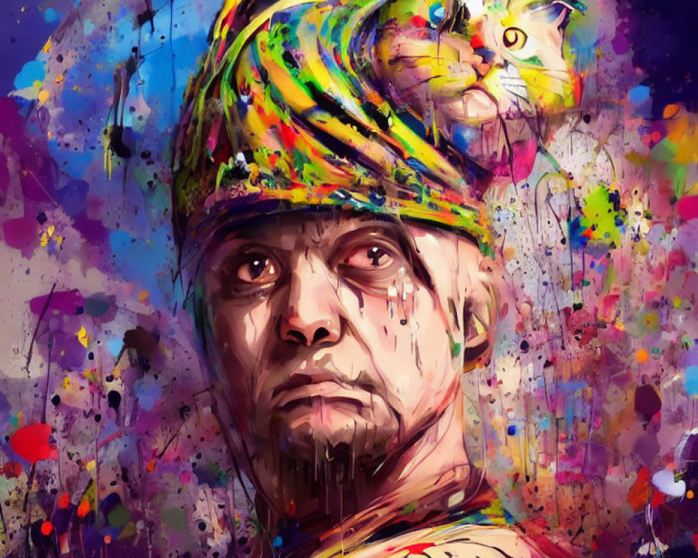 Vibrant digital painting of man with intense eyes and white cat in paint-stained headwrap