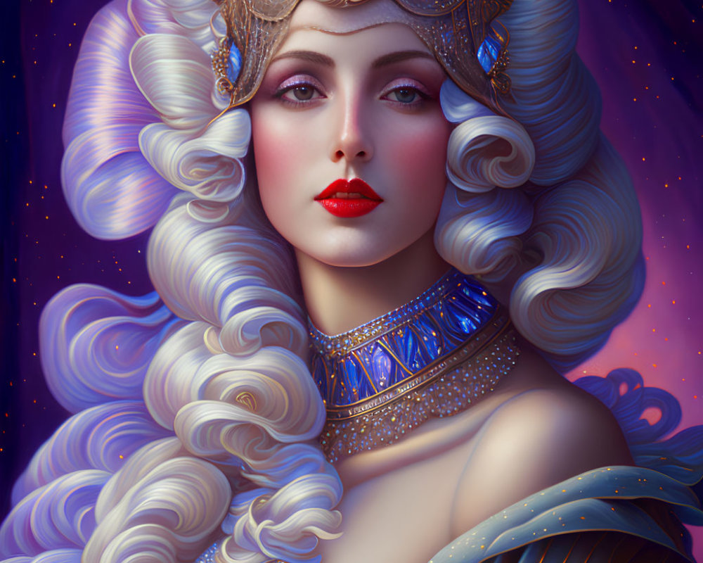 Illustrated portrait of woman with elaborate white hair against starry background