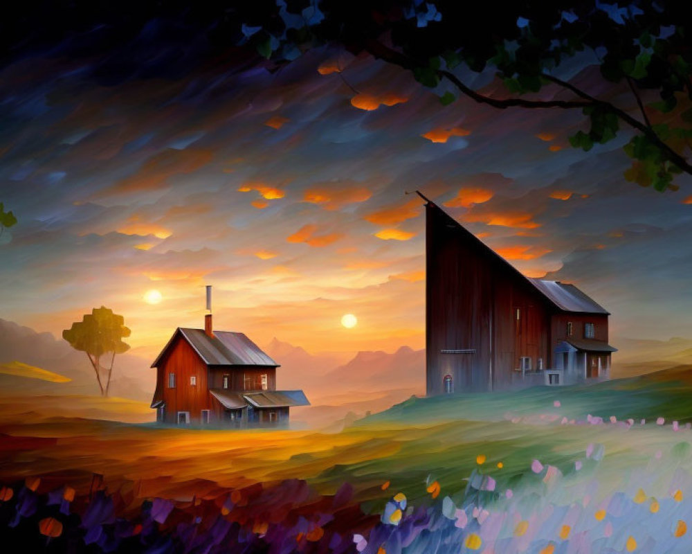 Colorful countryside painting with red barn, house, trees, and flowers under sunset sky