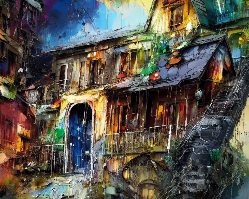 Colorful painting of dilapidated urban building with graffiti under moody sky