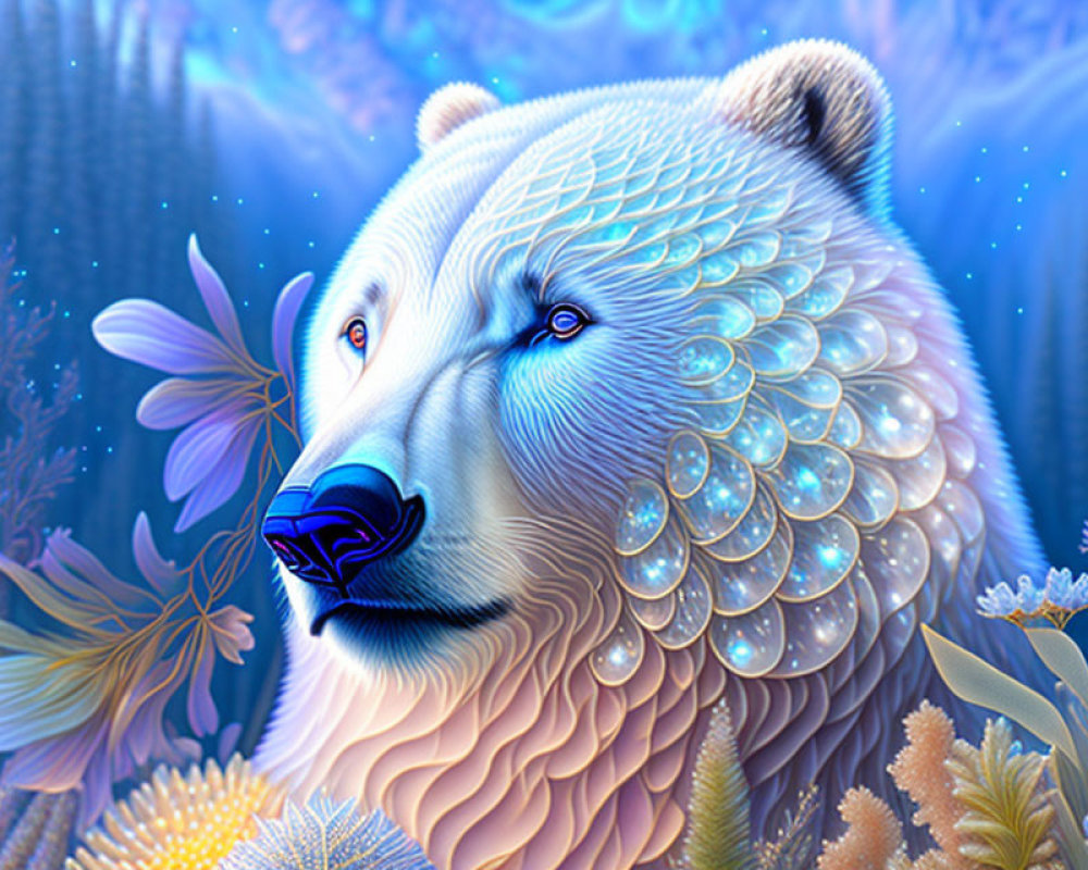 Blue-white bear with floral and aquatic motifs in enchanted underwater scene