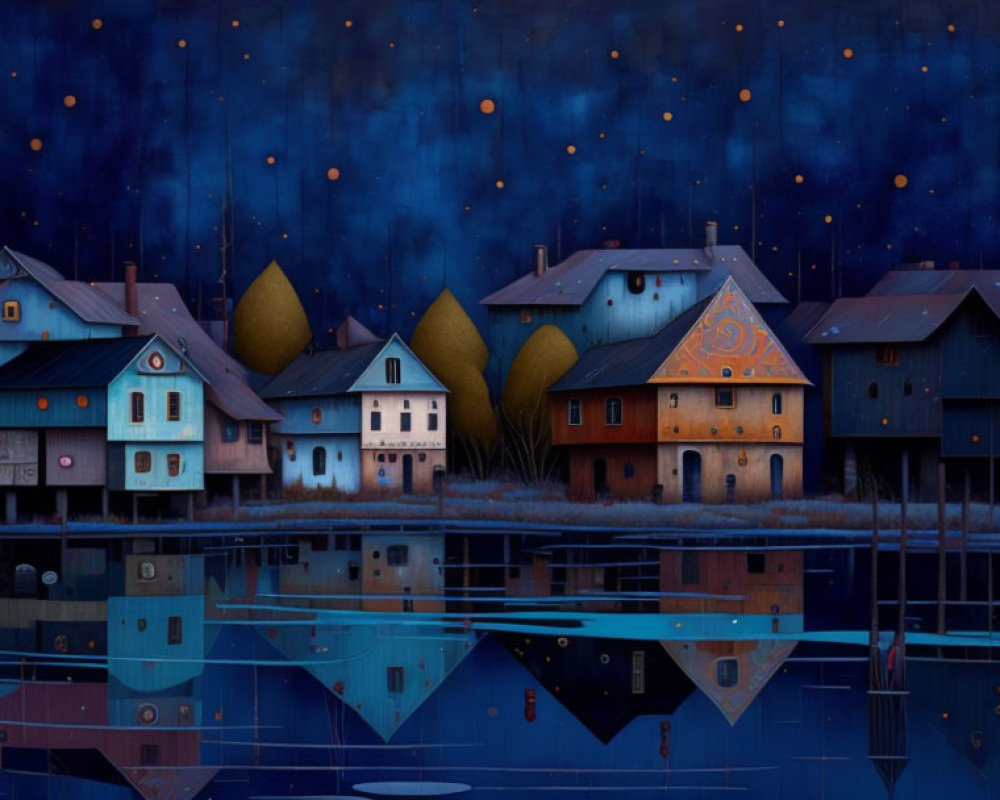 Tranquil village illustration: colorful houses, starry night, glowing orbs