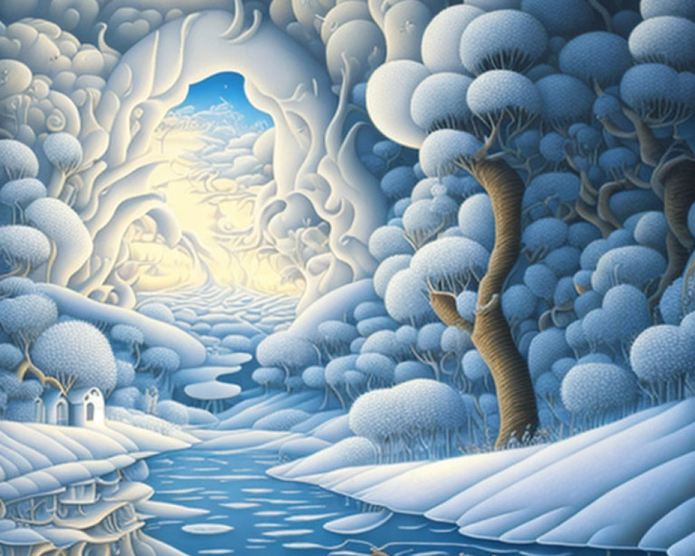 Surreal blue and white landscape with stylized trees, river, and clouds