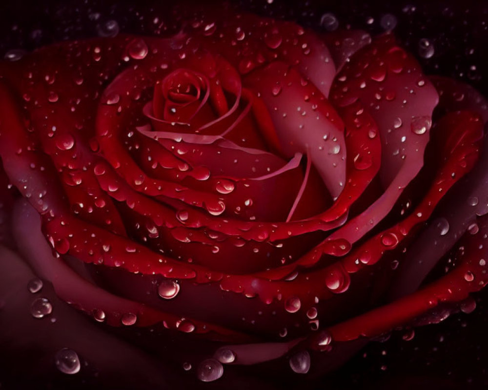 Dark Red Rose with Water Droplets on Petals Against Dark Background