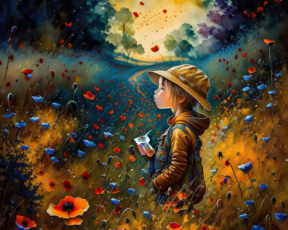 Child in Hat Holding Jar in Colorful Meadow with Poppies and Rainy Sky