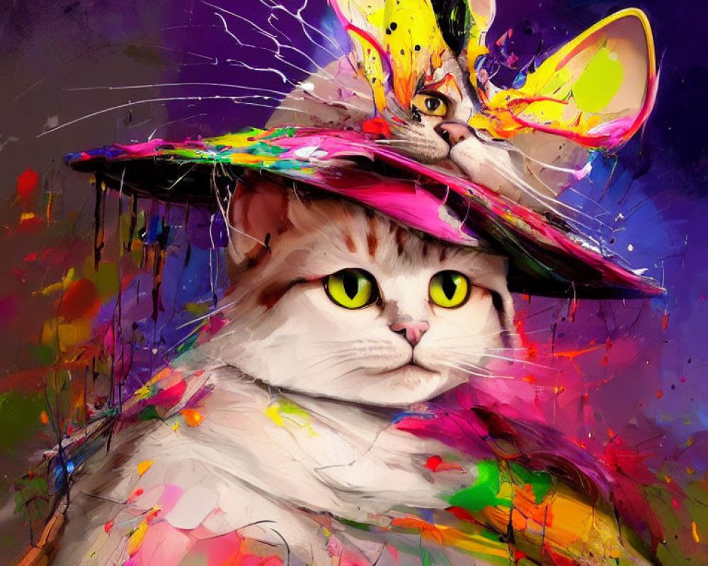 Colorful digital artwork: Cat with yellow eyes in splattered paint hat with whimsical tiny cat.