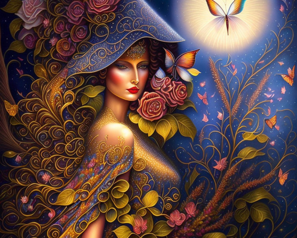 Stylized woman with golden hair and attire, roses, butterflies, and luminescent moth.