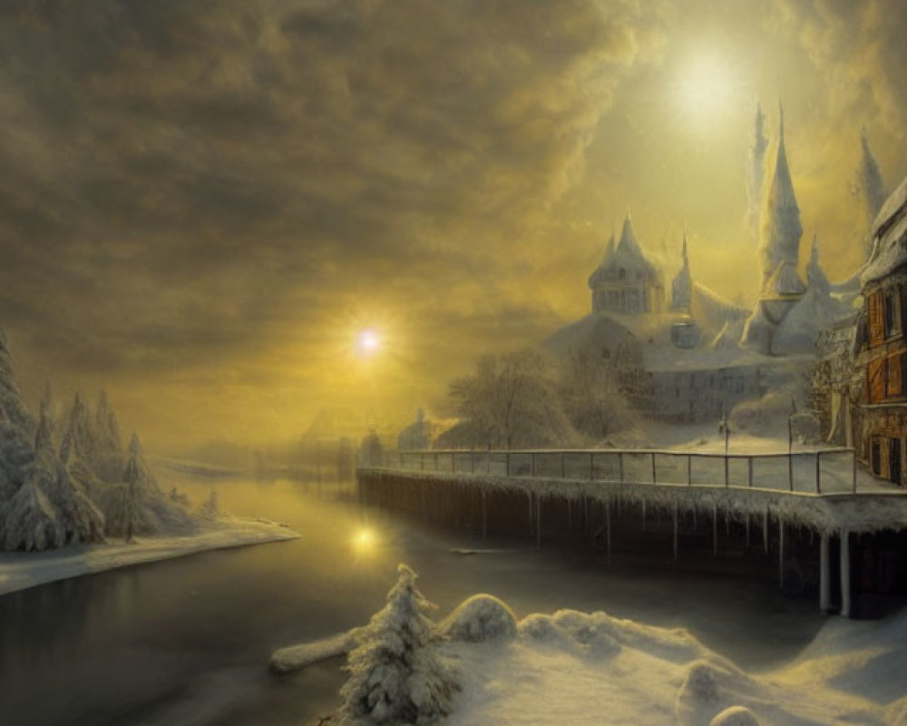 Snowy Dusk Landscape: River, Bridge, Village Lights