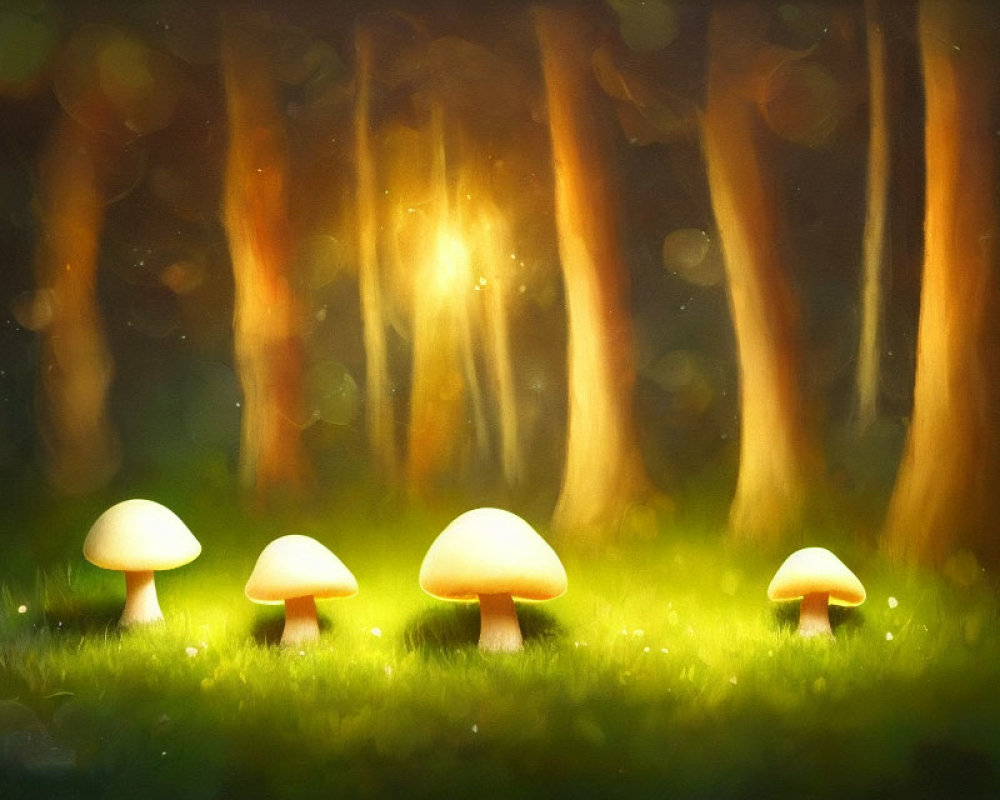 Sunlit Forest Glade Illustration with Mushrooms and Magical Atmosphere