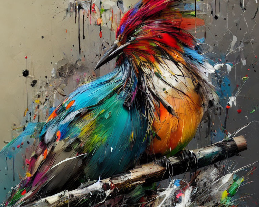 Colorful Abstract Bird Painting with Splatters and Texture