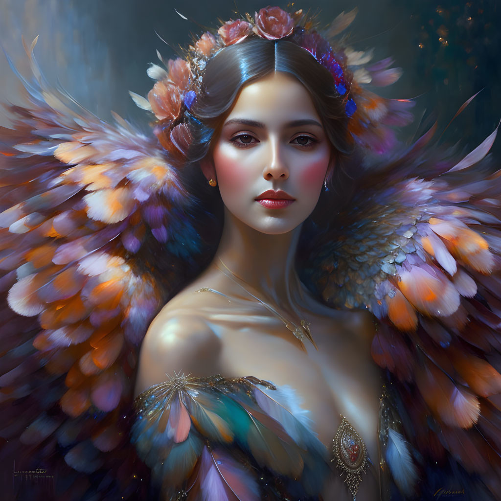 Colorful Feathered Wings Fantasy Portrait with Floral Crown and Elegant Jewelry