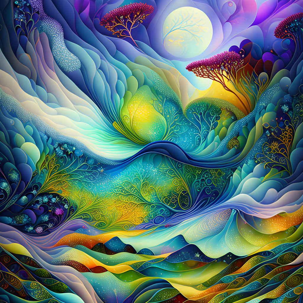 Whimsical digital artwork of fantasy landscape with vivid colors and stylized floral elements