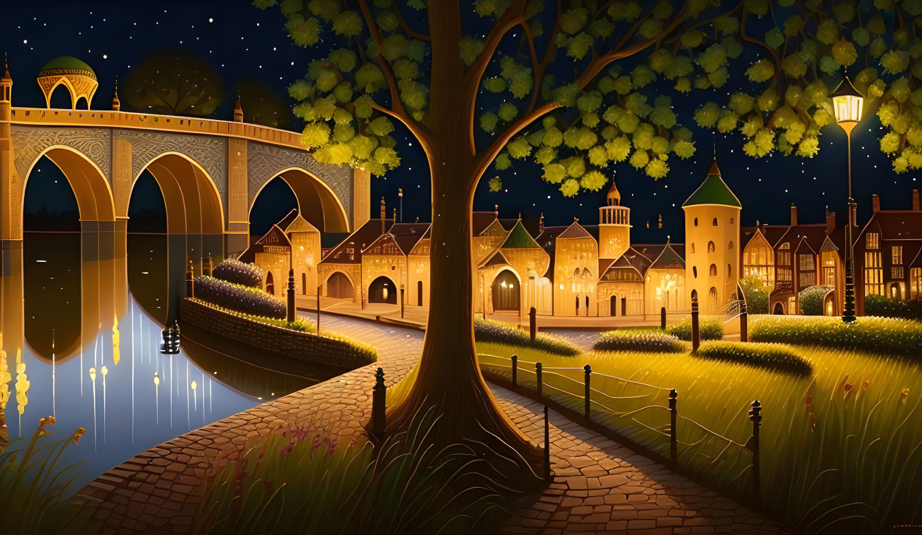 Luminous tree, serene river, arched bridge, glowing lamps, quaint buildings