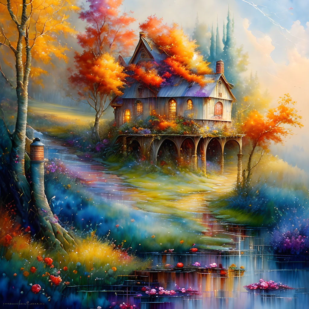 Colorful autumn cottage painting with serene river and flowers