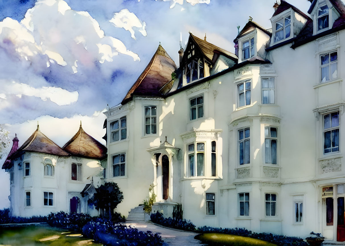 Victorian-style house with steep roof and blue sky