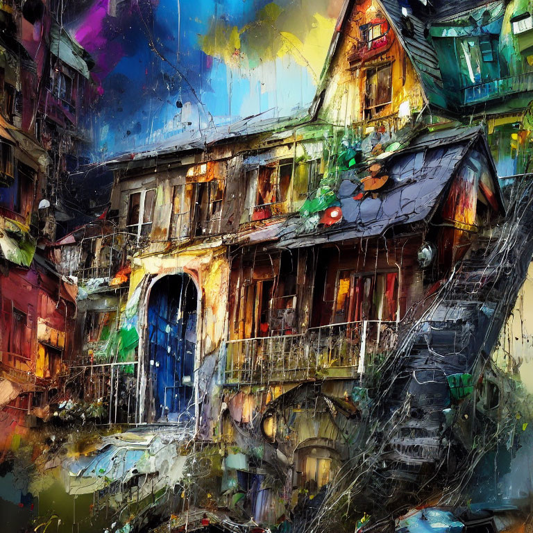 Colorful painting of dilapidated urban building with graffiti under moody sky